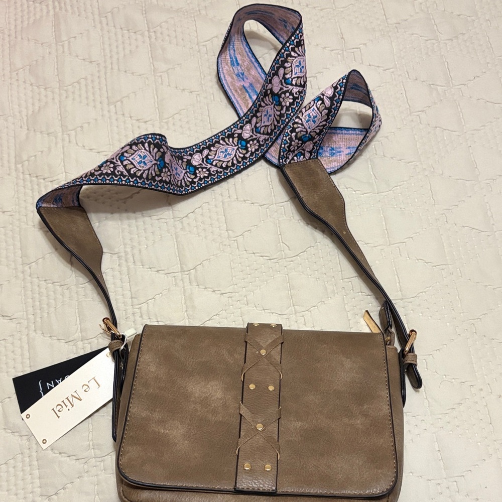 Brown Crossbody Bag with Patterned Strap